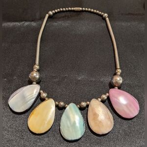 Vintage 80's Pastel Mother Of Pearl Teardrop Bib Style Statement Necklace